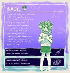 Rule 34 | 1boy, anklet, artist name, barefoot, basil (omori), blush, character name, colored skin, english text, flower, green eyes, green hair, grin, head wreath, highres, holding, holding shovel, jewelry, looking at viewer, omori, parted lips, short hair, short sleeves, shorts, shovel, smile, solo, spoilers, teeth, white skin, zipsunz
