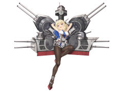 Rule 34 | 1girl, absurdres, armpits, arms behind head, black gloves, black pantyhose, blonde hair, blue eyes, blue necktie, braid, breasts, cannon, capelet, clock, colorado (kancolle), control tower, dress, elbow gloves, fang, full body, garrison cap, gloves, grey dress, grey hat, hat, headgear, highres, kantai collection, large breasts, machinery, miyamoya, necktie, open mouth, pantyhose, pleated dress, reclining, shirt, short hair, side braids, sideboob, simple background, sleeveless, smile, solo, white background, white shirt