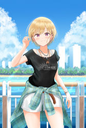 Rule 34 | 1girl, bare arms, belt, black shirt, blonde hair, blue sky, blush, bracelet, breasts, brown belt, building, clothes around waist, clothes writing, cloud, cloudy sky, collarbone, commentary request, cowboy shot, english text, hand up, highres, holding, holding hair, idolmaster, idolmaster shiny colors, jewelry, looking at viewer, masurao19, medium breasts, necklace, outdoors, plaid, purple eyes, river, saijo juri, shirt, short hair, short sleeves, shorts, sky, skyscraper, smile, solo, standing, sweater, sweater around waist, watch, white shorts, wristwatch