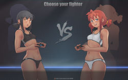 Rule 34 | 2girls, :d, bare arms, bare shoulders, black hair, black panties, blue eyes, blunt bangs, blush, breasts, brown eyes, collarbone, commentary, controller, cowboy shot, english text, fang, gloomy (leonzo), holding, holding controller, khmuro, leonzo, looking at viewer, medium breasts, multiple girls, navel, open mouth, original, panties, playstation controller, red hair, short hair, smile, sports bikini, sports bra, stomach, twintails, underwear, ussr-tan, vs, white panties