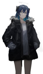 Rule 34 | 1girl, arknights, black jacket, black shorts, blue eyes, blue hair, cowboy shot, dark halo, demon horns, fur-trimmed collar, fur trim, hair between eyes, halo, hands in pockets, highres, horns, jacket, long sleeves, looking at viewer, mostima (arknights), neumo, no wings, open clothes, open jacket, shirt, short shorts, shorts, simple background, solo, white background, white shirt
