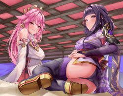 Rule 34 | 2girls, animal ears, armor, artist request, ass, blush, braid, breasts, bridal gauntlets, fox ears, genshin impact, hair ornament, hairpin, highres, japanese clothes, kimono, large breasts, long hair, looking at viewer, miko, multiple girls, panties, pink hair, purple eyes, purple hair, raiden shogun, shiny clothes, shiny skin, short kimono, sideboob, smile, thighhighs, underwear, very long hair, yae miko