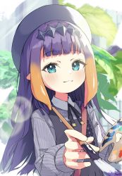 Rule 34 | 1girl, :3, absurdres, apron, beret, blue eyes, blush, day, gradient hair, hat, highres, holding, holding paintbrush, hololive, hololive english, light rays, long hair, looking at viewer, multicolored hair, ninomae ina&#039;nis, ninomae ina&#039;nis (casual), okarin (tennisofoka), outdoors, paintbrush, palette (object), purple hair, solo, upper body, virtual youtuber