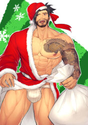 Rule 34 | 1boy, abs, alternate costume, arm tattoo, bara, bare pectorals, beard, beard stubble, black hair, christmas, facial hair, feet out of frame, full beard, gift bag, hanzo (overwatch), hat, highres, hunterkay, large pectorals, male focus, mature male, muscular, muscular male, nipples, overwatch, overwatch 1, pectorals, red hat, santa costume, santa hat, short hair, shy, solo, standing, stomach, stubble, tattoo, textless version, thick eyebrows, thick thighs, thighs