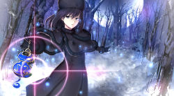Rule 34 | 1girl, bad id, bad pixiv id, black dress, black eyes, black gloves, black hair, black hat, capelet, dress, floating hair, forest, fur trim, gloves, hair between eyes, hat, highres, holding, kuonji alice, kuraka, mahou tsukai no yoru, nature, open mouth, outdoors, outstretched arms, snow, solo, standing, tree