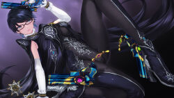 1girl arm_support arm_up bayonetta bayonetta_(series) black-framed_eyewear black_bodysuit black_hair blue_eyes bodysuit breasts cait_aron commentary_request earrings elbow_gloves glasses gloves gun handgun high_heels highres holding holding_gun holding_weapon jewelry leaning_forward long_hair medium_breasts parted_lips pink_lips shoes smile solo very_long_hair weapon white_gloves wrist_cuffs