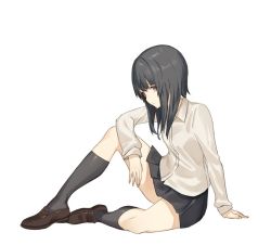 Rule 34 | 1girl, bad id, bad twitter id, black skirt, brown eyes, brown footwear, closed mouth, collared shirt, commentary request, copyright request, elbow on knee, from side, grey hair, grey socks, km yama, knee up, light smile, looking at viewer, looking to the side, pleated skirt, school uniform, shirt, shoes, simple background, sitting, skirt, socks, white background, white shirt, wing collar