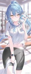 Rule 34 | 1girl, ahoge, bike shorts, black shorts, blue hair, blurry, blurry background, blush, bottle, breasts, closed mouth, commentary, copyright name, cowboy shot, cup, gym, hair between eyes, heart, heart ahoge, high ponytail, highres, holding, holding cup, holding towel, hololive, indoors, large breasts, long hair, looking at viewer, midriff, multicolored hair, navel, official art, pointy ears, ponytail, rin yuu, shirt, short sleeves, shorts, sidelocks, smile, solo, standing, streaked hair, sweat, symbol-only commentary, t-shirt, thighs, towel, very long hair, virtual youtuber, watch, white shirt, wristwatch, yellow eyes, yukihana lamy