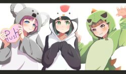 Rule 34 | 3girls, :&gt;, alternate costume, animal hood, anyoji hime, arms up, averting eyes, blue eyes, blunt bangs, blunt ends, blush, braid, brown hair, center-flap bangs, claw pose, closed mouth, collarbone, commentary request, dinosaur hood, english text, facing viewer, flower knot, green eyes, green hair, grin, hair ornament, hands up, heart, heart-shaped pillow, highres, holding, holding pillow, hood, hood up, kachimachi kosuzu, kametora (kametora02), koala, letterboxed, link! like! love live!, long sleeves, looking at viewer, looking to the side, love live!, momose ginko, multicolored eyes, multiple girls, onesie, pillow, pillow writing, pink eyes, pink hair, short hair, side braids, sideways glance, simple background, sleeves past fingers, sleeves past wrists, smile, swept bangs, upper body, virtual youtuber, white background, yellow eyes