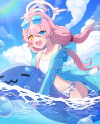 Rule 34 | 1girl, absurdres, ahoge, bikini, blue archive, blue eyes, blue jacket, blush, breasts, cowboy shot, day, eyewear on head, fang, frilled bikini, frills, hair between eyes, hair bobbles, hair ornament, halo, heterochromia, highres, hoshino (blue archive), hoshino (swimsuit) (blue archive), inflatable toy, inflatable whale, jacket, long hair, long sleeves, low twintails, ocean, official alternate costume, open clothes, open jacket, open mouth, outdoors, pink hair, pink halo, small breasts, smile, solo, sunglasses, swimsuit, twintails, water, white bikini, yamggu