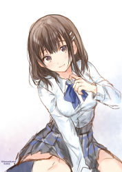 Rule 34 | 1girl, ahoge, blazer, blue bow, blue bowtie, blush, bow, bowtie, breasts, brown eyes, brown hair, commentary request, hair ornament, hairclip, hanekoto, jacket, kneehighs, long hair, long sleeves, looking at viewer, matching hair/eyes, medium breasts, neckerchief, open mouth, original, pleated skirt, school uniform, simple background, sitting, sketch, skirt, smile, socks, solo, twitter username, uniform, wariza