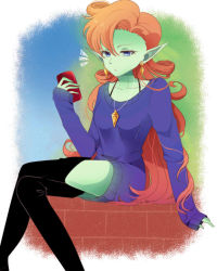 Rule 34 | 1girl, :o, blue eyes, cellphone, colored skin, curly hair, dragon ball, dragonball z, dress, earrings, green skin, highres, jewelry, crossed legs, long hair, necklace, orange hair, phone, pointy ears, shitora (bernkastel), sitting, smartphone, solo, sweater, sweater dress, thighhighs, very long hair, zangya