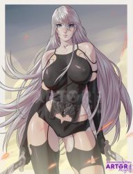 Rule 34 | 1girl, apocalypse, arttoru, asymmetrical legwear, bare shoulders, black gloves, black thighhighs, blue eyes, breasts, cowboy shot, dual wielding, elbow gloves, gloves, highres, holding, large breasts, lips, long hair, looking at viewer, mismatched legwear, nier (series), nier:automata, nose, paid reward available, signature, silver hair, simple background, solo, sparks, standing, sunset, sword, thighhighs, thighs, very long hair, virtuous contract, watermark, weapon, a2 (nier:automata)