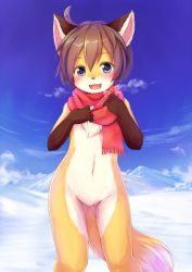 Rule 34 | 1girl, animal ears, blue eyes, blush, brown hair, chest tuft, fox ears, fox tail, furry, furry female, kagerofu, looking at viewer, naked scarf, navel, nude, scarf, short hair, smile, solo, tail, whiskers