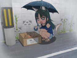 Rule 34 | 1girl, :3, :d, animal ear fluff, animal ears, bare shoulders, black umbrella, blue shirt, blue shorts, blush stickers, box, brown footwear, cardboard box, cat ears, cat girl, cat tail, commentary request, crab, denim, denim shorts, fang, green hair, holding, holding umbrella, in box, in container, long hair, off-shoulder shirt, off shoulder, open mouth, original, outdoors, parted bangs, pole, rain, road, sandals, shirt, short shorts, shorts, smile, solo, squatting, tail, tonbi, translation request, umbrella, very long hair, wall