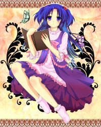Rule 34 | 00s, 1girl, absurdres, bad id, bad pixiv id, book, bug, butterfly, clannad, dress, female focus, frills, full body, hair bobbles, hair ornament, highres, ichinose kotomi, insect, kneeling, long hair, purple eyes, purple hair, satonomonaka, socks, solo, two side up