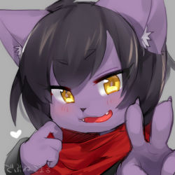 Rule 34 | androgynous, animal ear fluff, animal ears, black hair, body fur, brown eyes, cat, cat ears, cat girl, copyright request, furry, furry female, gender request, grey background, open mouth, scarf, short hair, simple background, solo, suurin (ksyaro), upper body, v