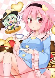 Rule 34 | 2girls, :d, :o, arm up, black hairband, black hat, blouse, blue shirt, blush, boots, bow, breasts, checkerboard cookie, checkered background, chibi, commentary, cookie, cup, eyeball, food, frilled shirt collar, frilled sleeves, frills, green eyes, green hair, green skirt, hair between eyes, hairband, hat, hat bow, hat ribbon, heart, heart of string, highres, holding, holding plate, impossible clothes, knee boots, kneehighs, knees up, komeiji koishi, komeiji satori, long sleeves, looking at viewer, medium hair, medium skirt, multiple girls, open mouth, outstretched arm, pink background, pink eyes, pink hair, pink legwear, pink skirt, plate, ribbon, ribbon-trimmed collar, ribbon trim, shirt, siblings, sideways glance, sisters, sitting, sitting on food, skirt, sleeves past fingers, sleeves past wrists, small breasts, smile, socks, sparkle, suwa yasai, teacup, third eye, thumbprint cookie, touhou, white background, wide sleeves, yellow bow, yellow ribbon, yellow shirt