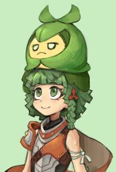Rule 34 | 1other, androgynous, armor, blunt bangs, closed mouth, creatures (company), game freak, gen 5 pokemon, green background, green eyes, green hair, highres, juniper (xenoblade), nintendo, other focus, pokemon, pokemon (creature), saiykik, short hair, simple background, smile, swadloon, xenoblade chronicles (series), xenoblade chronicles 3
