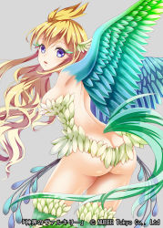 Rule 34 | 1girl, ass, back, bad id, bad pixiv id, bird legs, bird wings, breasts, butt crack, copyright name, fantasy, feather hair, feathered wings, feathers, grey background, hair between eyes, hakuda tofu, harpy, highres, long hair, looking back, monster girl, no panties, official art, shinkai no valkyrie, simple background, solo, very long hair, winged arms, wings