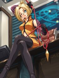 Rule 34 | 1girl, absurdres, arm behind head, black gloves, blonde hair, blue eyes, boots, crossed legs, desk, detached sleeves, final fantasy, final fantasy viii, glasses, gloves, highres, on desk, one eye closed, quistis trepe, sirknightbot, sitting, on desk, smile, solo, thigh boots, thighhighs, whip