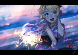 Rule 34 | 1girl, animal print, bear print, black bow, blonde hair, blue eyes, blurry, blurry background, blush, bow, breasts, cowboy shot, dated, fireworks, floral print, hachimiya meguru, hair ornament, hairclip, hand on own face, hands up, highres, holding, holding fireworks, idolmaster, idolmaster shiny colors, japanese clothes, kimono, kinchaku, large breasts, letterboxed, long hair, long sleeves, looking at viewer, low twintails, morning glory print, obi, obijime, open mouth, outdoors, pink kimono, pouch, print kimono, sash, signature, smile, solo, standing, torokko, twintails, wide sleeves, yukata