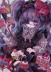 Rule 34 | 1girl, absurdres, cake, cake slice, eyepatch, food, food on head, garter belt, gothic lolita, highres, holding, holding riding crop, holding whip, lace, lace-trimmed eyepatch, lace trim, lolita fashion, object on head, original, purple eyes, purple hair, purple ribbon, ribbon, riding crop, solo, thighhighs, tira 27, twintails, whip