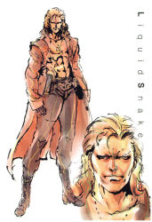 Rule 34 | 1boy, abs, blonde hair, boots, character name, coat, dog tags, face, gloves, liquid snake, male focus, metal gear (series), metal gear solid, mullet, official art, open clothes, open coat, shinkawa youji, solo, trench coat, white background