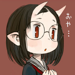 Rule 34 | 1girl, black shirt, brown hair, commentary request, ebimomo, grey sailor collar, horns, lowres, neckerchief, oni, oni horns, original, parted bangs, parted lips, pointy ears, portrait, red background, red eyes, red neckerchief, round eyewear, sailor collar, school uniform, serafuku, shirt, short hair, simple background, solo, translation request, upper body