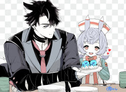 Rule 34 | 1boy, 1girl, :d, :t, animal ears, apron, bandaged arm, bandages, black hair, black shirt, bow, bowtie, brown eyes, checkered background, child, chopsticks, collared shirt, cup, eating, fingernails, food, genshin impact, giving, gloves, hair ornament, heart, highres, holding, holding food, holding plate, long sleeves, low twintails, medium hair, muted color, necktie, open mouth, palms together, plate, pom pom (clothes), pom pom hair ornament, purple eyes, purple hair, red bow, red bowtie, red necktie, rice, shirt, short twintails, sigewinne (genshin impact), simple background, smile, sushi, table, tanuki nishi, teeth, twintails, upper body, upper teeth only, white apron, white gloves, wriothesley (genshin impact), yunomi