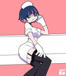 Rule 34 | 1girl, alternate hair length, alternate hairstyle, black thighhighs, blue eyes, blue hair, breasts, bright pupils, colored inner hair, cropped shirt, feet out of frame, from side, gloves, hat, highres, j adsen, looking at viewer, looking to the side, medium breasts, midriff, multicolored hair, nurse, nurse cap, panty &amp; stocking with garterbelt, pencil skirt, pink background, pink hair, shirt, short sleeves, signature, skirt, smile, solo, stocking (psg), streaked hair, thighhighs, white gloves, white shirt, white skirt