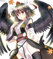 Rule 34 | 1girl, arm at side, arm up, autumn leaves, bird wings, black hair, black skirt, black thighhighs, black wings, blush, breasts, collarbone, commentary request, cross-laced clothes, feathered wings, feet out of frame, hair between eyes, hajike akira, hat, highres, japanese clothes, kourindou tengu costume, large breasts, lips, long sleeves, looking at viewer, miniskirt, obi, obijime, official alternate costume, one-hour drawing challenge, open mouth, pelvic curtain, pointy ears, pom pom (clothes), red ribbon, ribbon, ribbon-trimmed clothes, ribbon-trimmed legwear, ribbon-trimmed skirt, ribbon trim, sarashi, sash, shameimaru aya, short hair, sidelocks, simple background, skirt, solo, standing, thighhighs, thighs, tokin hat, touhou, white background, white sleeves, wide sleeves, wings, zettai ryouiki