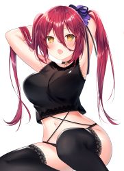 Rule 34 | 1girl, :o, armpits, arms up, black thighhighs, blush, breasts, commentary request, fang, hair between eyes, hair ornament, tucking hair, haruhitooo, heart, heart-shaped pupils, highres, large breasts, long hair, navel, original, red hair, simple background, skin fang, solo, symbol-shaped pupils, thighhighs, twintails, white background, yellow eyes
