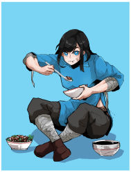 Rule 34 | 1girl, bandaged arm, bandaged leg, bandages, bandaid, bandaid on cheek, bandaid on face, black hair, blue background, blue eyes, bowl, bright pupils, eating, food, food on face, h.pn, highres, holding, holding bowl, holding spoon, long hair, looking at viewer, motion lines, original, simple background, sitting, solo, spoon, white pupils