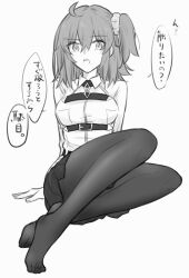 Rule 34 | 1girl, ahoge, arm support, black skirt, blush, breasts, chadlink, chaldea uniform, collared shirt, commentary request, fate/grand order, fate (series), feet, fujimaru ritsuka (female), greyscale, hair ornament, hair scrunchie, legs, looking at viewer, medium breasts, monochrome, no shoes, open mouth, pantyhose, scrunchie, shirt, side ponytail, sitting, skirt, solo, thighs, toenails, toes, translation request, yukihara sbgd