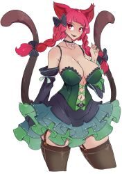 Rule 34 | 1girl, adapted costume, animal ears, black choker, black thighhighs, braid, breasts, cat ears, cat girl, cat tail, choker, collarbone, commentary, dress, english commentary, frilled dress, frills, garter straps, green dress, greenm, highres, kaenbyou rin, large breasts, long hair, looking at viewer, multiple tails, navel, nekomata, open mouth, red hair, side braids, simple background, solo, tail, thighhighs, touhou, twin braids, two tails, white background