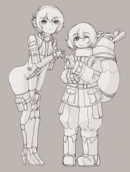 Rule 34 | 1boy, 1girl, bag, belt, boots, crotch strap, doekuramori, hand gesture, headgear, highres, looking at viewer, martyr (the citadel), monochrome, revealing clothes, rope, the citadel, thigh boots, tycho (the citadel)