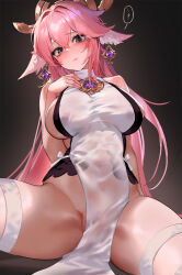Rule 34 | 1girl, animal ears, bare shoulders, blush, breasts, covered navel, earrings, foolish potato, fox ears, genshin impact, hair between eyes, hair ornament, japanese clothes, jewelry, large breasts, long hair, long sleeves, looking at viewer, navel, pink hair, purple eyes, pussy, see-through, thick thighs, thighs, very long hair, yae miko