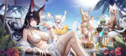 Rule 34 | 4girls, absurdres, animal, animal ears, artist request, ass, beach, beach umbrella, bikini, black hair, blonde hair, blue eyes, blue sky, blush, braid, breasts, bug, butterfly, character request, choker, cleavage, cloud, crown, dark skin, drink, earrings, extra ears, fang, flower, food, fruit, grill, hair flower, hair ornament, highres, holding, holding drink, holding food, ice cream, innertube, insect, jewelry, large breasts, long hair, medium breasts, multiple girls, navel, necklace, one eye closed, open clothes, open mouth, open shirt, purple eyes, shirt, short shorts, shorts, sideboob, sky, smile, swim ring, swimsuit, tail, tree, twintails, umbrella, water, white hair, white shirt, white shorts, yellow eyes