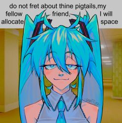 Rule 34 | 1girl, absurdres, aqua eyes, aqua hair, aqua necktie, artist name, backrooms (creepypasta), bare shoulders, closed mouth, commentary, english commentary, english text, gif caption (meme), grey shirt, hair between eyes, hair ornament, half-closed eyes, hatsune miku, highres, indoors, long hair, looking at viewer, meme, necktie, photo background, portrait, sainttufa, shirt, sleeveless, sleeveless shirt, smile, solo, straight-on, twintails, vocaloid, watermark