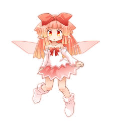 Rule 34 | 1girl, bare shoulders, blunt bangs, bow, detached sleeves, dress, fairy, fairy wings, full body, hair bow, kso, long hair, looking at viewer, open mouth, orange eyes, orange hair, original, pointy ears, simple background, solo, white background, wings