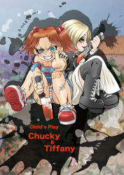 Rule 34 | 2girls, bad id, bad pixiv id, balisong, bandages, biker clothes, black eyeshadow, black lips, black nails, black thighhighs, blonde hair, blood, bloody knife, blue eyes, boots, bride of chucky, brown hair, character name, child&#039;s play, chucky, combat boots, copyright name, cross-laced footwear, doll, evil smile, eyeshadow, facing viewer, freckles, full body, gender request, genderswap, genderswap (mtf), green eyes, grin, hair bobbles, hair ornament, hand on another&#039;s shoulder, jacket, knees up, knife, lace-up boots, leather, leather jacket, lipstick, long hair, looking at viewer, makeup, middle finger, multiple girls, nail polish, no socks, orange hair, overall skirt, overalls, panties, pantyshot, red footwear, rinri kazuki, scar, scissors, shirt, shoes, sitting, smile, sneakers, stitched face, stitches, striped clothes, striped panties, striped shirt, thighhighs, tiffany (bride of chucky), twintails, underwear, upskirt, weapon