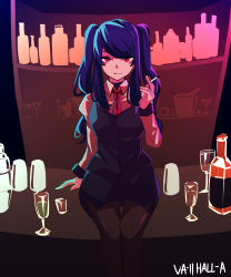Rule 34 | 1girl, absurdres, bar (place), black pantyhose, bottle, breasts, cigarette, cocktail glass, copyright name, cup, drinking glass, highres, jill stingray, long hair, looking at viewer, necktie, pantyhose, purple eyes, purple hair, setakman, sitting, skirt, solo, twintails, va-11 hall-a, vest