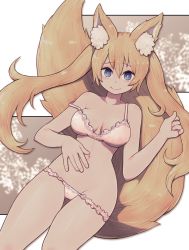 Rule 34 | 1girl, animal ear fluff, animal ears, blonde hair, blue eyes, bra, breasts, bright pupils, closed mouth, commentary, commission, cowboy shot, english commentary, fingernails, fox ears, fox tail, gluteal fold, hair between eyes, hand up, highres, lamb-oic029, large tail, looking at viewer, lowleg, lowleg panties, medium breasts, navel, original, panties, pink bra, pink panties, plushmallow, smile, solo, strap slip, tail, thigh gap, twintails, underwear, underwear only, white pupils