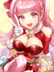 Rule 34 | 1girl, alternate costume, bare shoulders, breasts, brooch, christmas, cleavage, female focus, fire emblem, fire emblem: three houses, fire emblem heroes, gloves, highres, hilda valentine goneril, jewelry, large breasts, long hair, looking at viewer, matching hair/eyes, nintendo, official alternate costume, open mouth, pink eyes, pink hair, smile, solo, star brooch, striped clothes, striped thighhighs, thighhighs, twintails, v, white gloves, youhei choregi