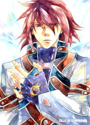Rule 34 | 00s, 1boy, alternate costume, belt, candle0213, gem, gradient background, kratos aurion, male focus, red eyes, red hair, short hair, solo, spoilers, tales of (series), tales of symphonia, white background, wings