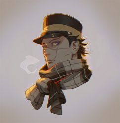 Rule 34 | 1boy, black hair, breath, expressionless, facial scar, glowing, glowing eyes, golden kamuy, hat, imperial japanese army, kepi, looking to the side, male focus, military hat, purple eyeshadow, scar, scar on cheek, scar on face, scar on nose, scarf, short hair, simple background, solo, spiked hair, sugimoto saichi, sunlight, w55674570w, yellow eyes, yellow scarf