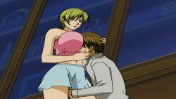Rule 34 | 1boy, 1girl, animated, between breasts, blush, breasts, brown hair, cleavage, closed eyes, fingering, futago no haha seihonnou, green eyes, green hair, hand on another&#039;s head, hand on another&#039;s shoulder, highres, huge breasts, kimishima yuuko, legs, mature female, midriff, moaning, navel, short hair, skirt, sound, tank top, thighs, video