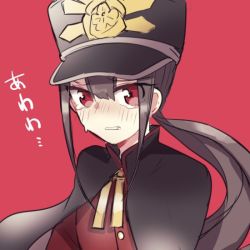 Rule 34 | 1boy, black hair, blush, cape, commentary request, fate/grand order, fate (series), hat, long hair, male focus, military, military hat, military uniform, numachi doromaru, oda nobukatsu (fate), ponytail, red background, red eyes, simple background, solo, teardrop, tearing up, teeth, uniform