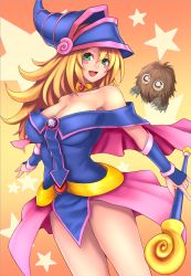 Rule 34 | 1girl, :d, armpits, bare shoulders, blonde hair, blush stickers, breasts, capelet, choker, cleavage, collarbone, cowboy shot, dark magician girl, duel monster, green eyes, hat, highres, holding, holding staff, kuriboh, large breasts, long hair, looking at viewer, open mouth, pentacle, smile, staff, star (symbol), starry background, vambraces, wizard hat, yashichii, yu-gi-oh!